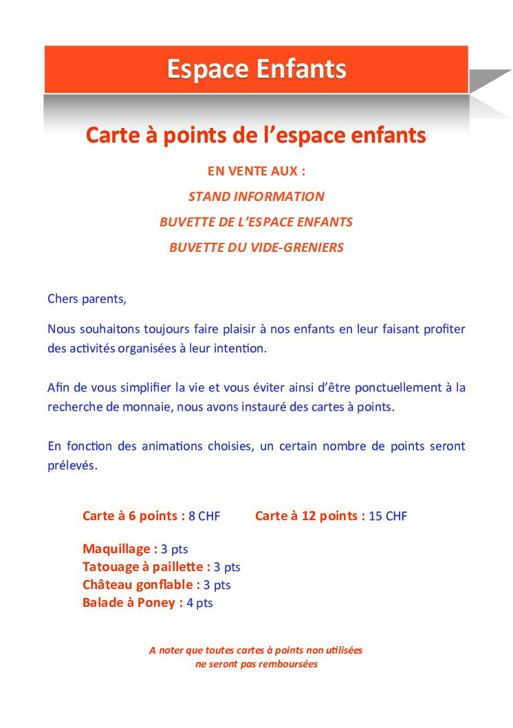 Espace Enfants - Cartes à points de l'espace enfants